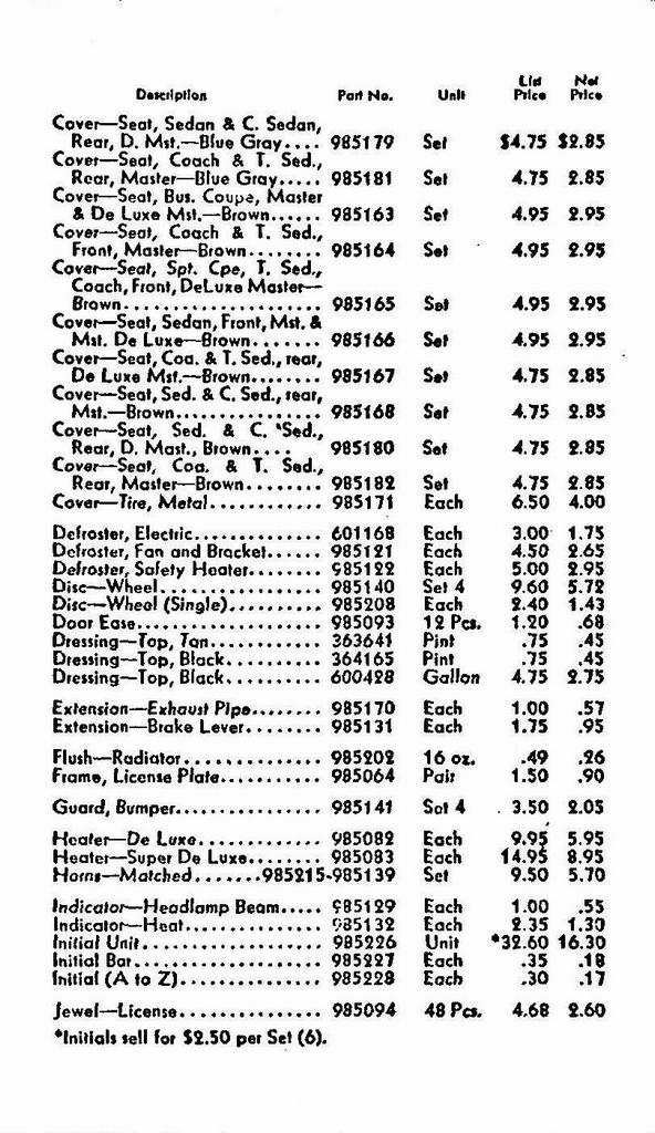 1937 Chevrolet Accessories Price List Page 5